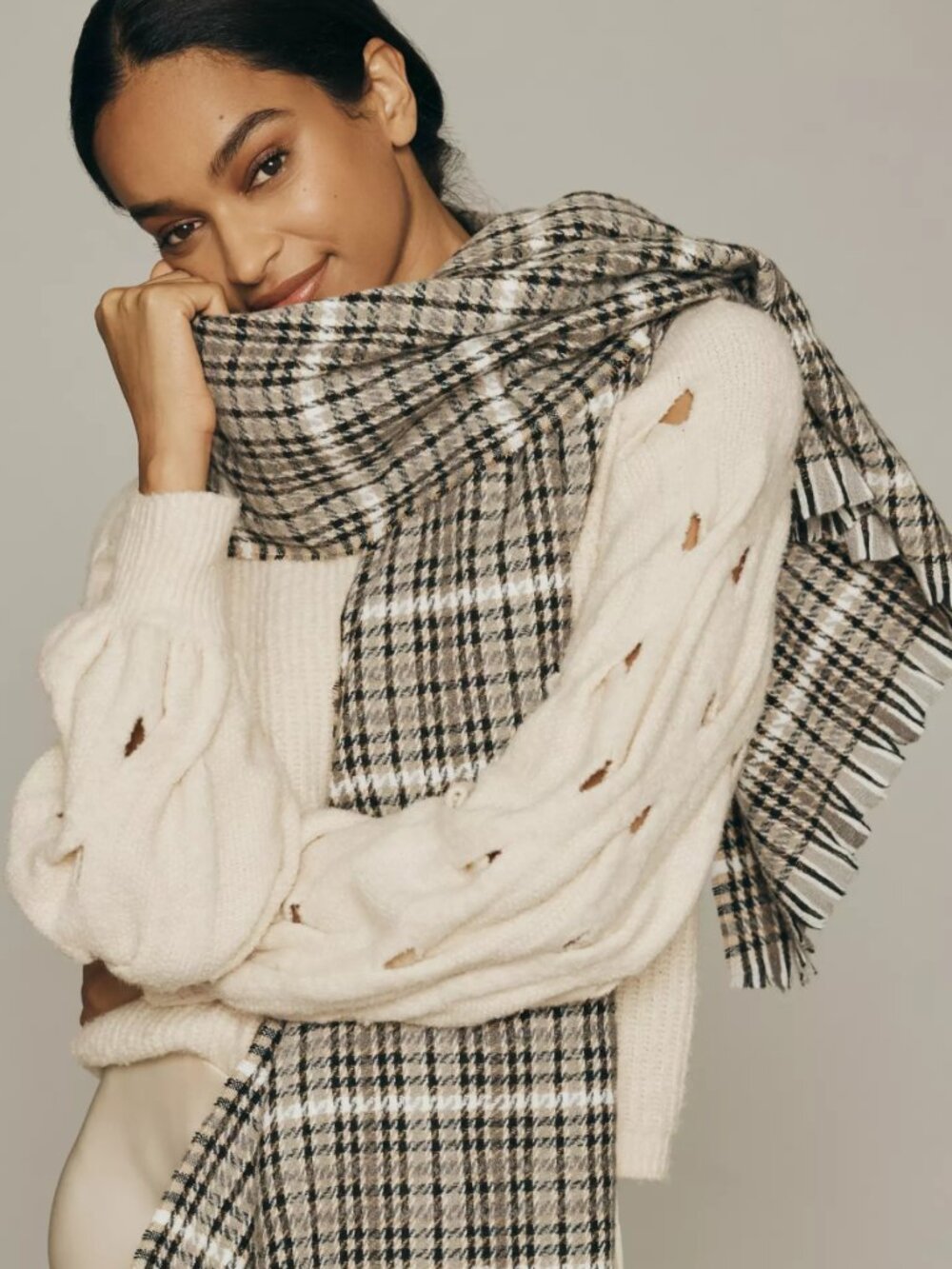 Maeve Anthropologie Plaid Blanket Scarf Brown Cream Fringe Fall Preppy Soft Cozy